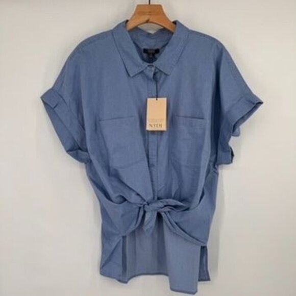 NYDJ Womens Blue chambray Short Sleeve Tie-Front camp shirt Blouse size 1X new - Picture 2 of 12